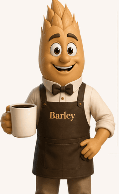 Barley mascot holding a coffee cup