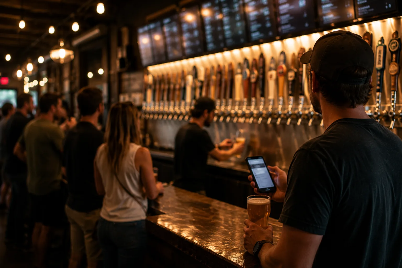 A customer checking their phone in front of a crowded tap wall with dozens of tap handles.