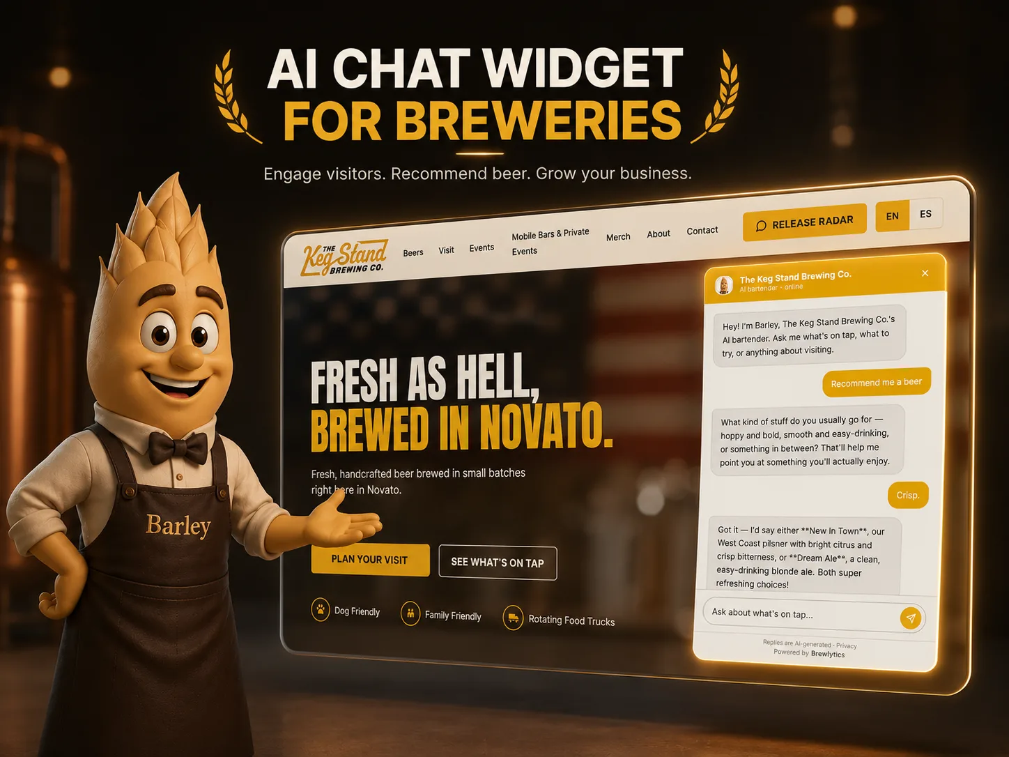 The Barley AI chat widget embedded on a brewery's website, recommending what's on tap to a visitor.