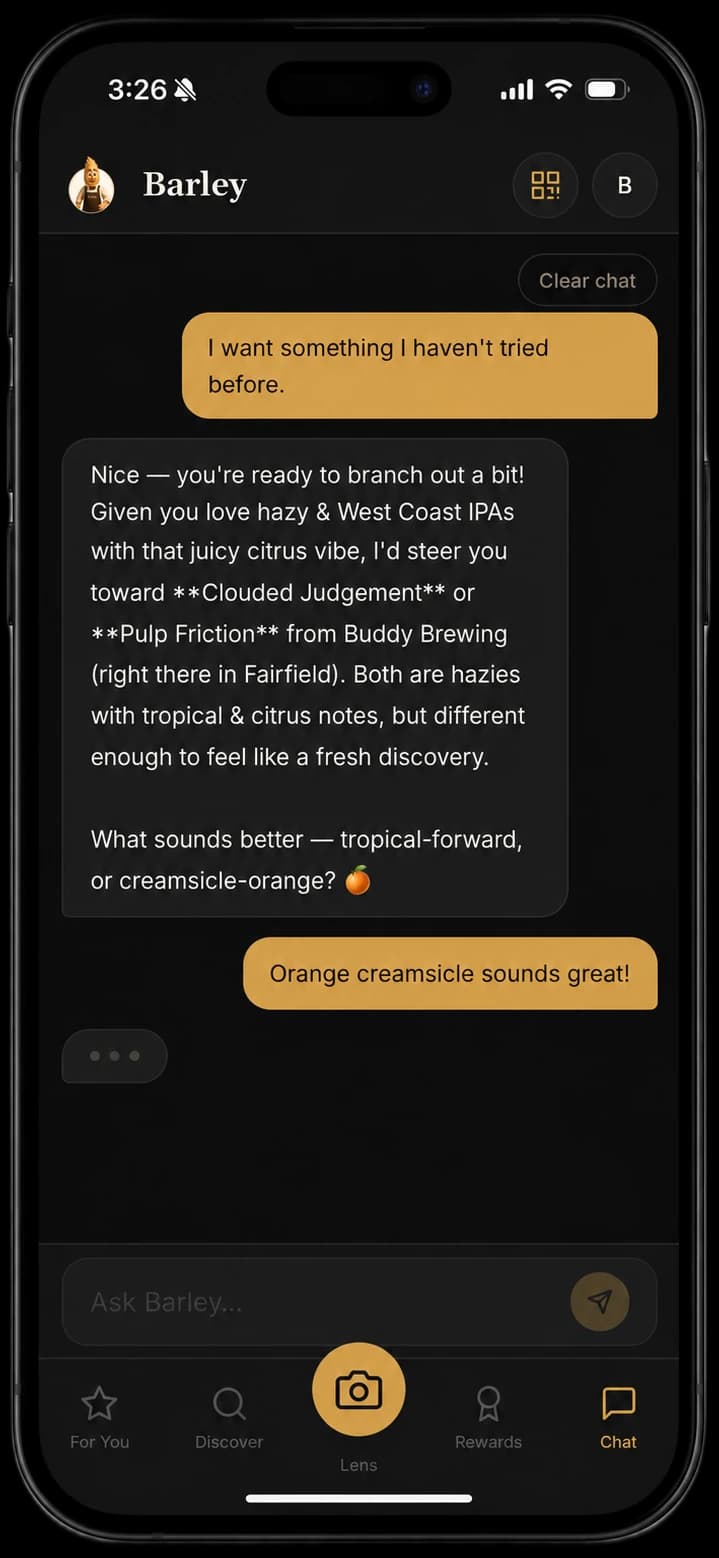 Barley app Chat screen — the AI bartender recommending beers from your taste in a natural conversation.