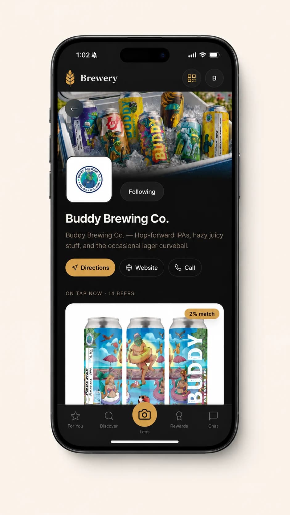 The Barley customer app showing a brewery's premium listing — header image, logo, Follow button, Directions / Website / Call, and a live tap list with per-customer match scores.
