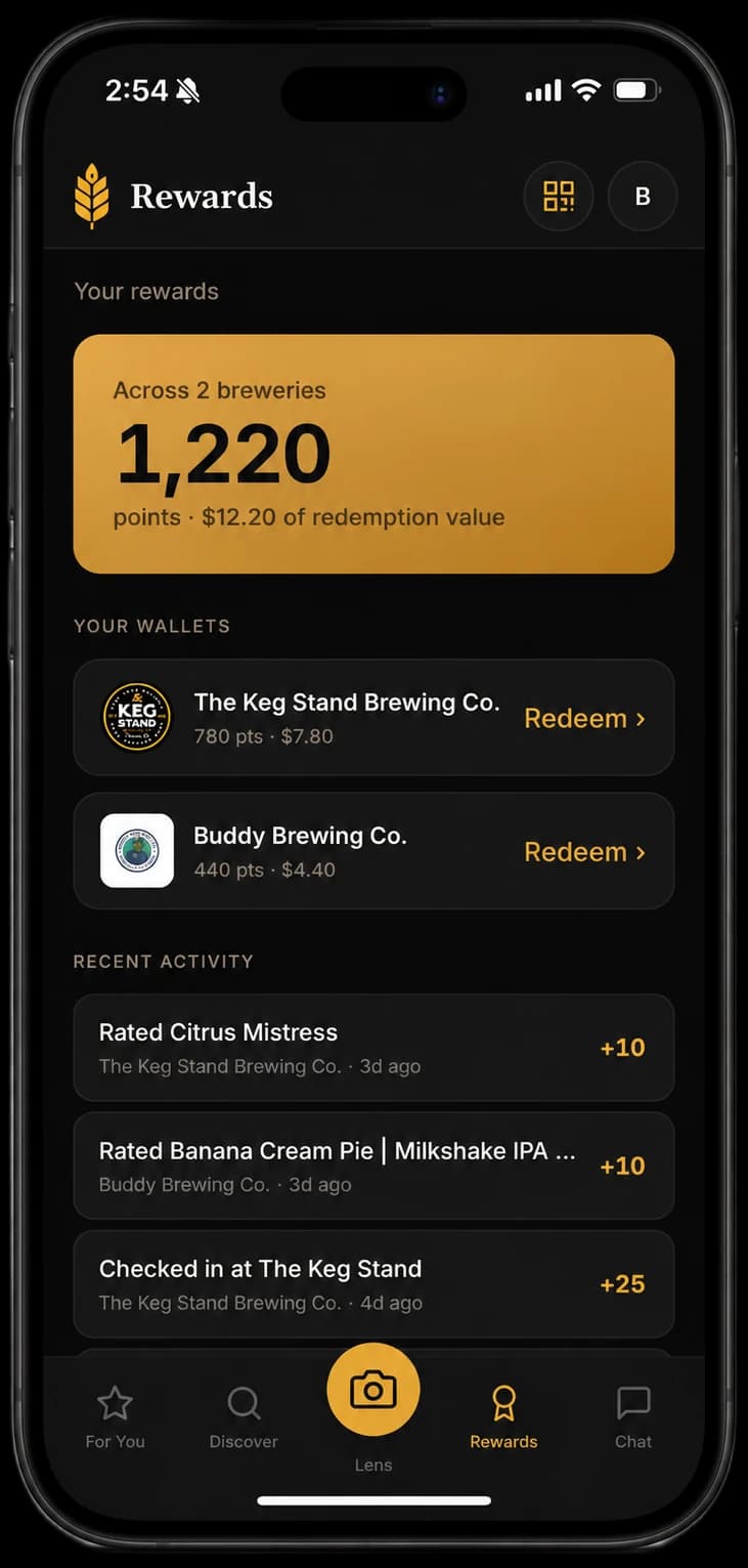 Barley app Rewards screen — points across breweries, per-brewery wallets to redeem, and recent rating and check-in activity.