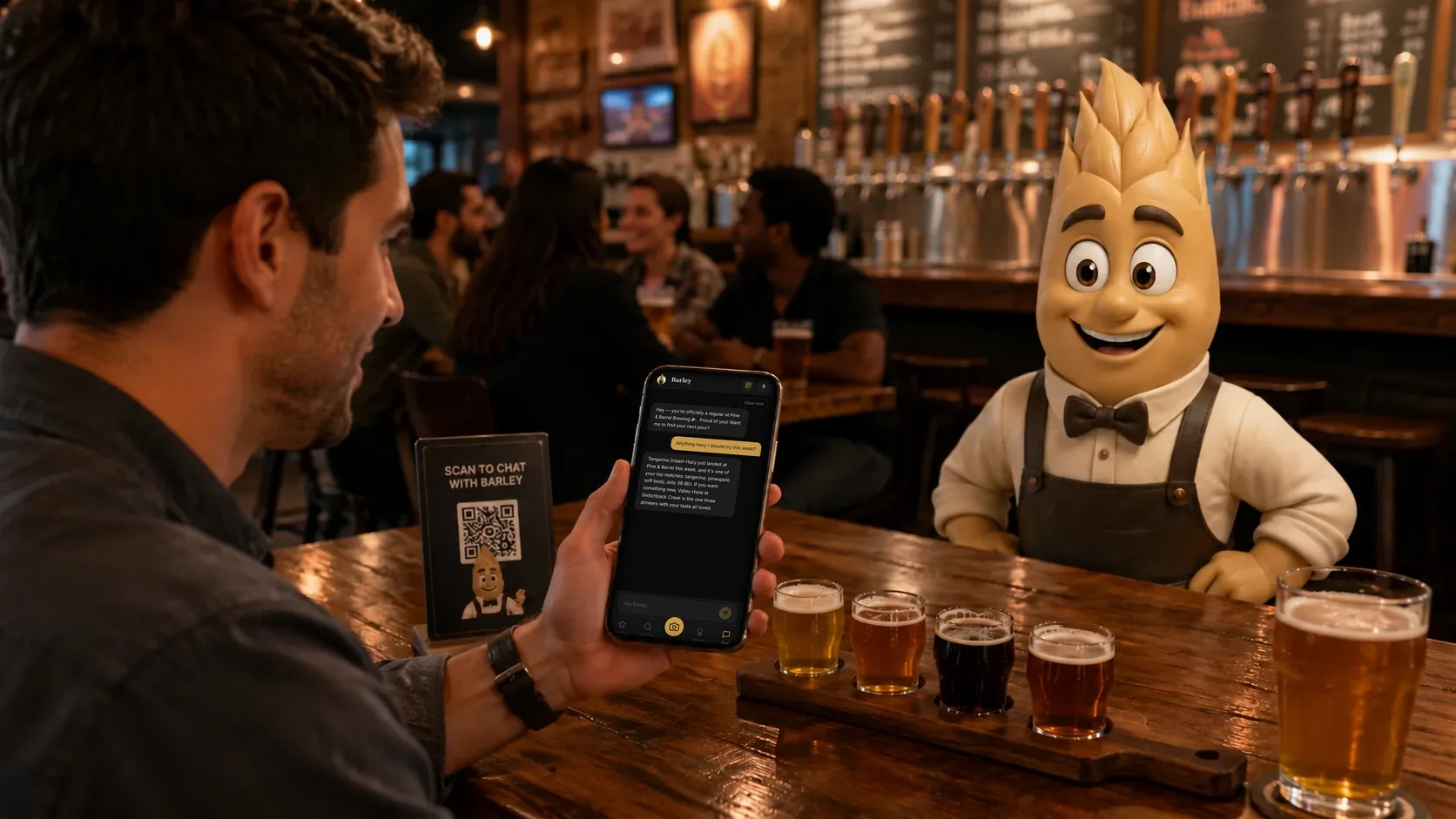 A guest at the bar reads Barley's answer on his phone next to a Scan to chat with Barley card: Tangerine Dream Hazy just landed at Pine & Barrel and is one of his top matches.