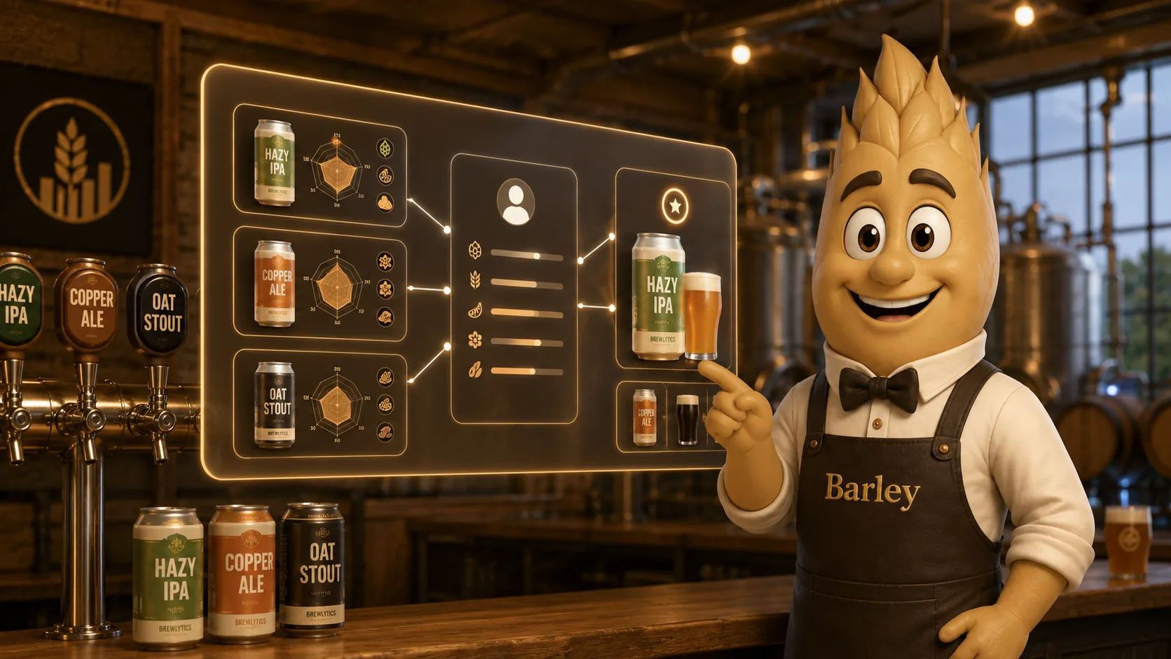 Barley the AI bartender mascot in a taproom, pointing at a translucent flow diagram: three beer cans (Hazy IPA, Copper Ale, Oat Stout) on the left flow through attribute nodes into a central customer profile, and resolve into a personalized "Hazy IPA" recommendation on the right — the catalog → customer → recommendation pipeline made visible.