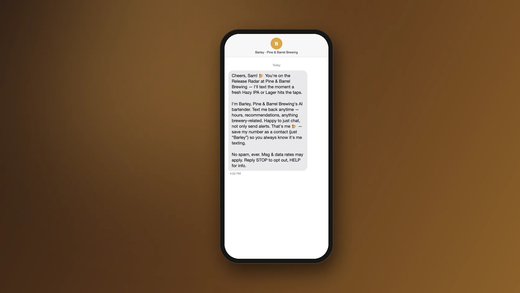 The Release Radar welcome text on a phone: Barley confirms which styles he will text about, offers to answer questions, and states no spam and how to opt out.
