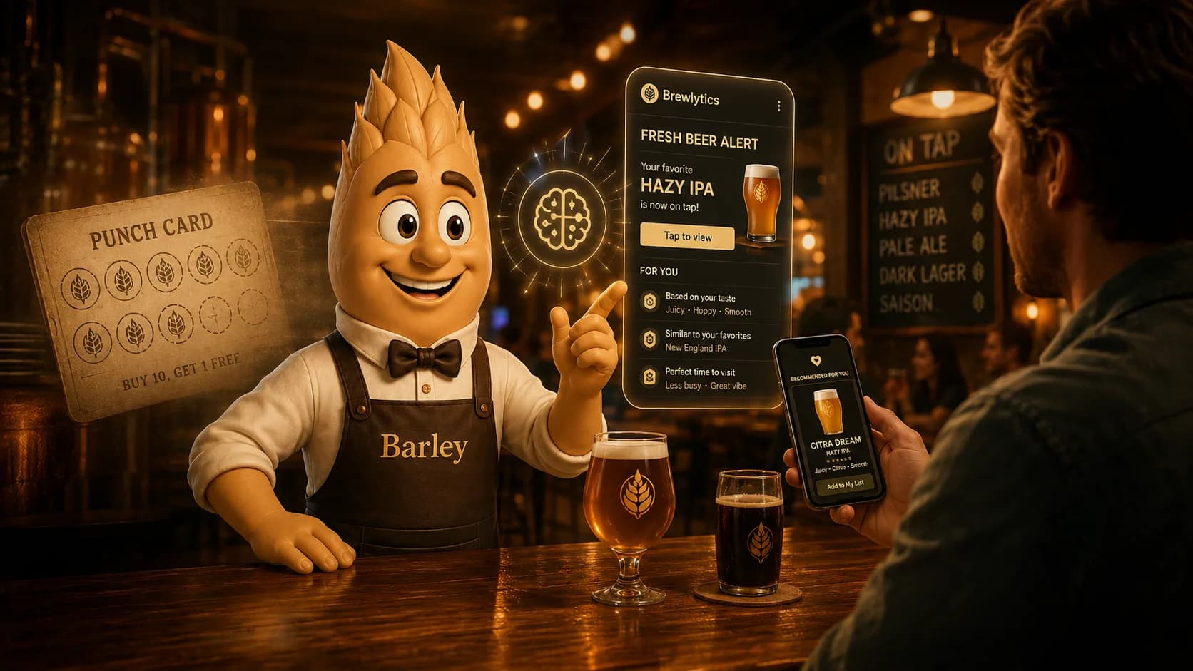 Barley the AI bartender mascot at a brewery bar, flanked by a faded paper punch card on one side and a customer reading a Brewlytics Fresh Beer Alert on their phone.