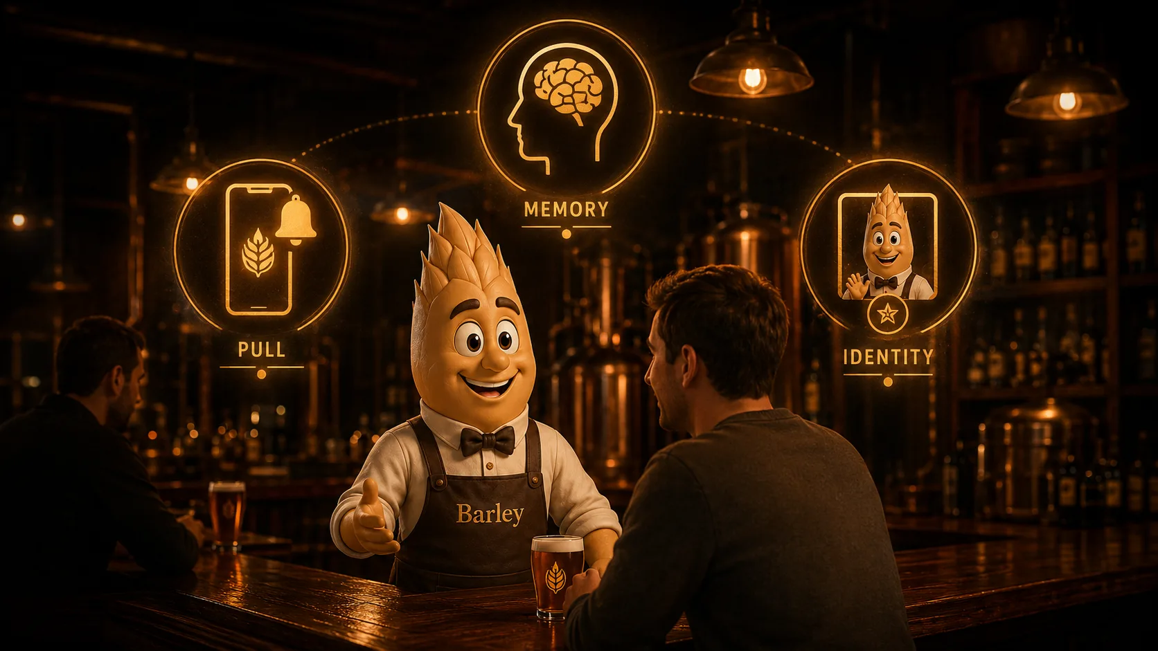 Barley between a brewery owner and a guest at the bar, surrounded by three glowing chip icons — Pull (a bell), Memory (a brain), and Identity (a customer profile).