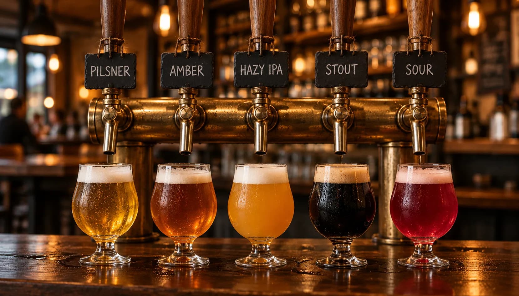 A row of five brass taps with small slate tags chalked PILSNER, AMBER, HAZY IPA, STOUT and SOUR, each above a tasting glass of its beer, running from pale gold to near-black to ruby.
