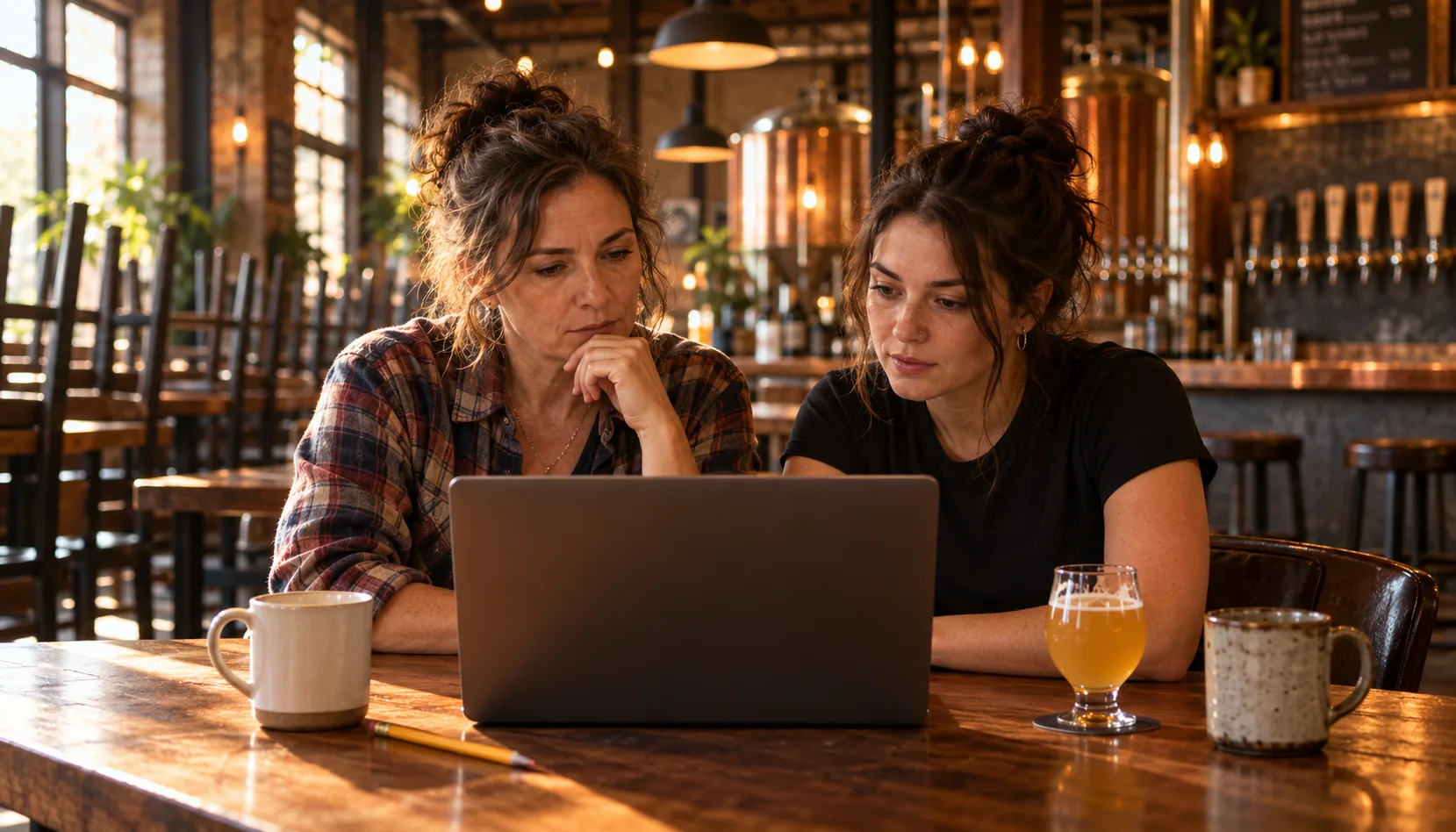 In an empty morning taproom with chairs still on some tables, a brewery owner in a flannel shirt and her taproom manager sit at a corner table looking at a laptop that faces them, with coffee mugs and a small taster of hazy IPA beside it.