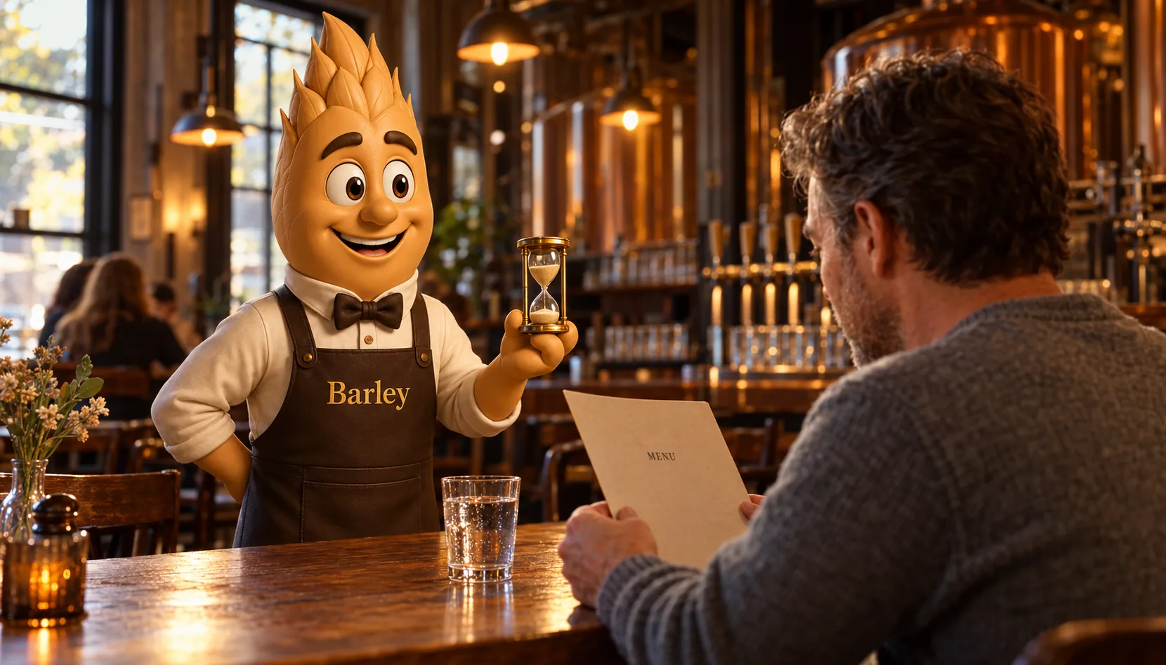 At a quiet taproom table, a first-time guest in a grey sweater reads a printed menu held toward himself while Barley stands at the end of the table holding a small brass hourglass, timing his choice.