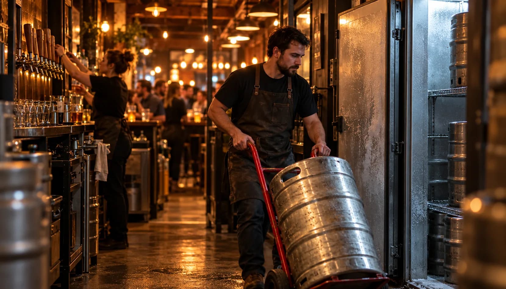 Down the back hallway on a busy Friday night, a cellar worker wheels a steel keg on a red hand truck toward the frosted walk-in cooler while a bartender reaches up to the tap handles and the busy taproom glows behind them.