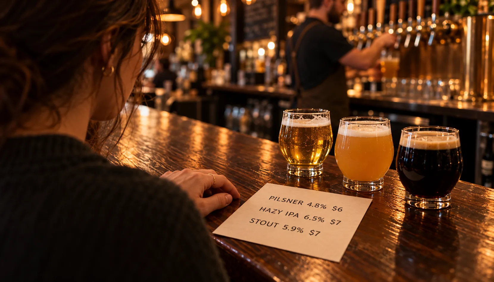 Over the shoulder of a woman seated at a dark wooden bar, a printed menu lies flat beside her hand listing PILSNER 4.8% $6, HAZY IPA 6.5% $7 and STOUT 5.9% $7, next to three tasting glasses of those beers while a bartender pours in the warm background.