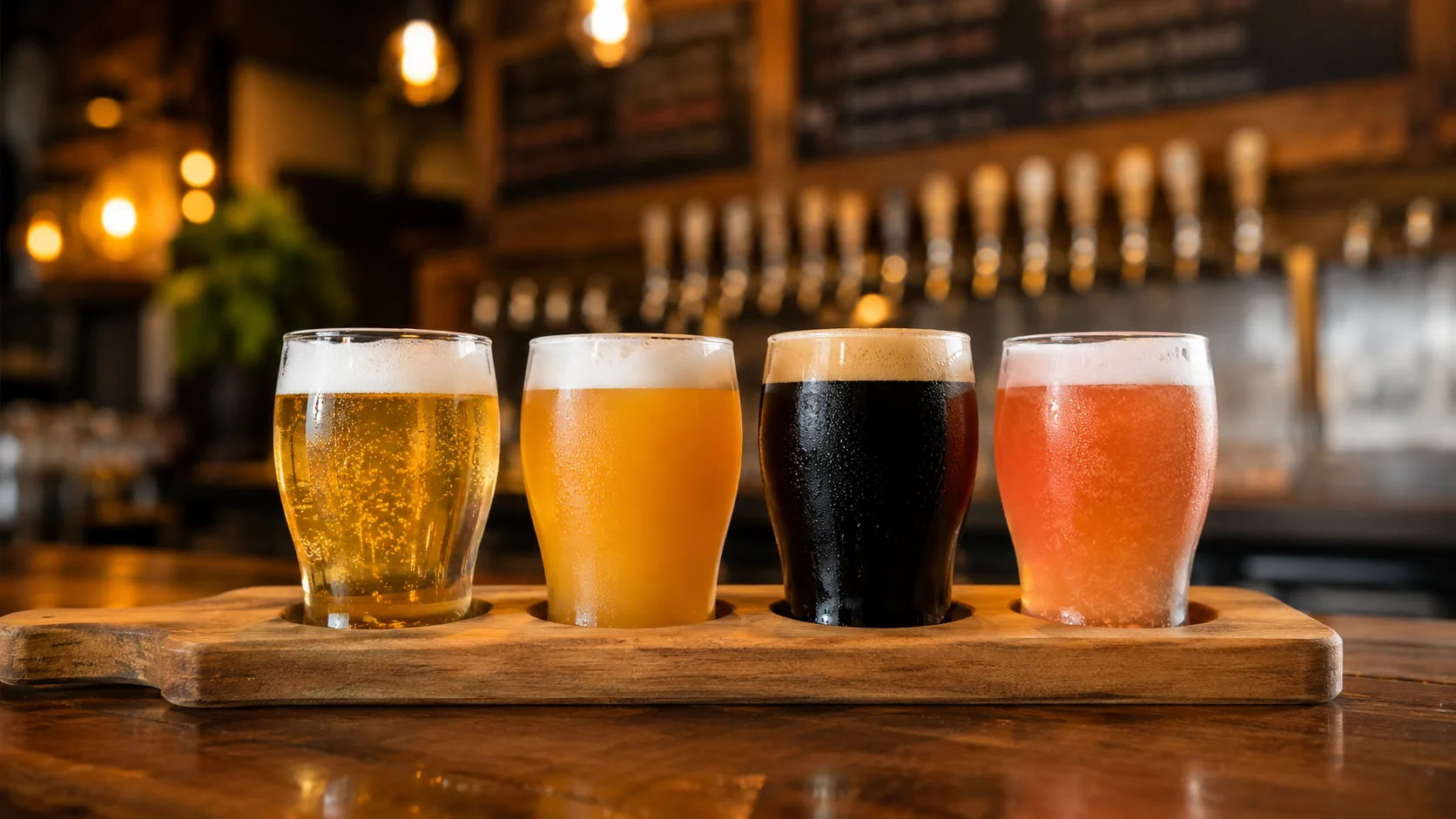 A taproom flight runs light to dark — lager, IPA, stout, sour — a live version of the style spectrum on every board.