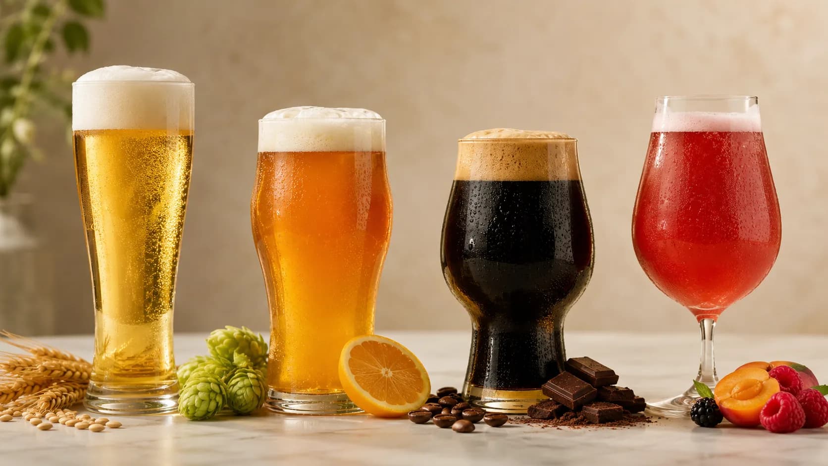 Four beers in a studio lineup — a crisp golden lager, a hazy orange IPA, a dark roasty stout, and a red fruited sour — each beside its signature ingredients: wheat and hops, fresh orange, coffee and chocolate, and ripe fruit.