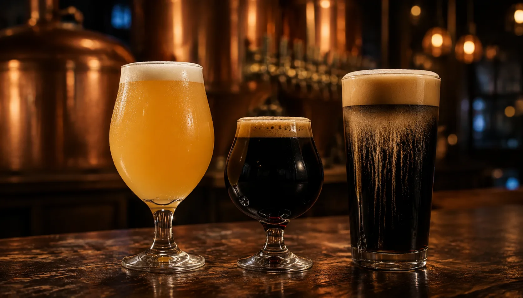 Three beers side by side on dark wood — a cloudy pale hazy in a stemmed glass, a small snifter of near-black stout, and a pint of nitro stout mid-cascade.
