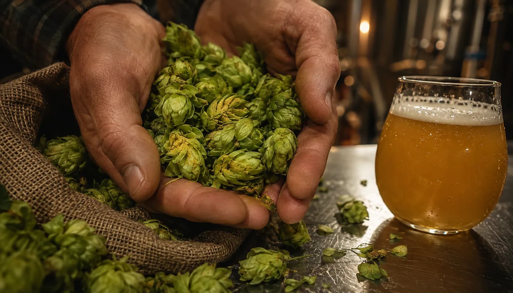 A brewer's cupped hands hold a heap of fresh green whole-cone hops lifted from a burlap sack, with a glass of hazy pale beer on the bench beside them.