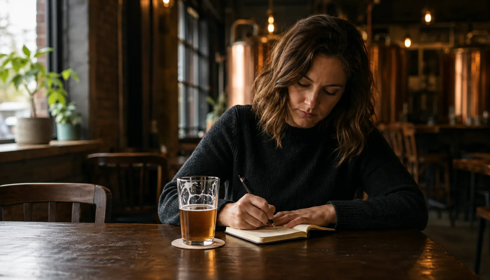 A woman sits alone at a wooden taproom table on a quiet afternoon, writing a couple of words in a pocket notebook beside a half-finished glass of amber beer.