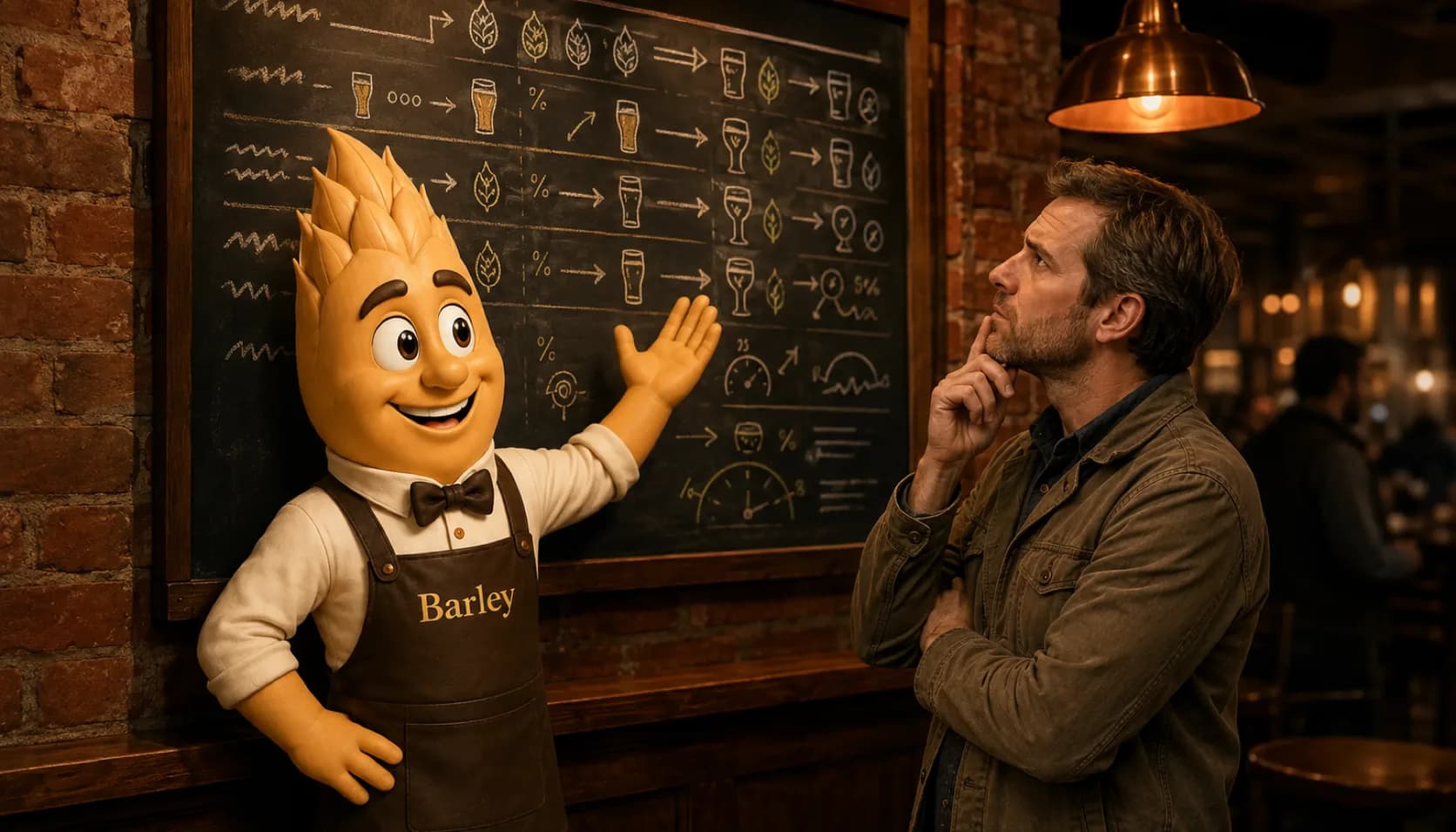 Barley gestures up at a taproom chalkboard covered in chalk arrows, hop sketches and glass icons while a man in a canvas jacket studies it with a puzzled look.