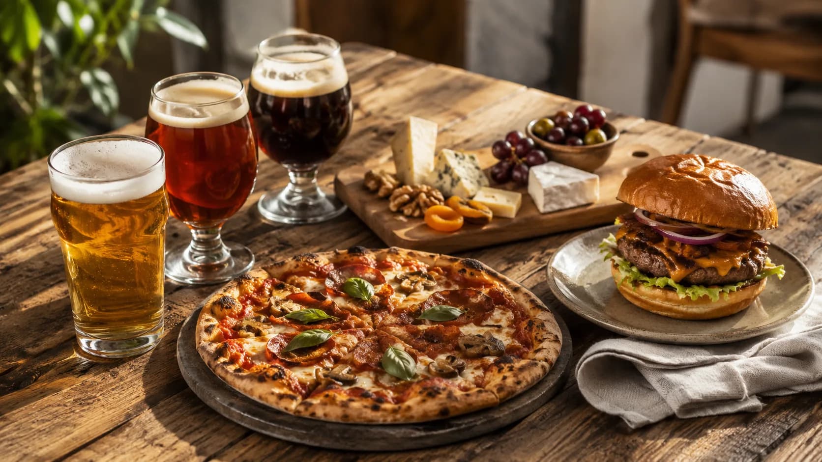 A casual spread on a wooden table — a pizza, a burger, and a board of cheese with grapes and nuts — beside three glasses of beer, a golden lager, an amber, and a dark stout, in warm natural light.