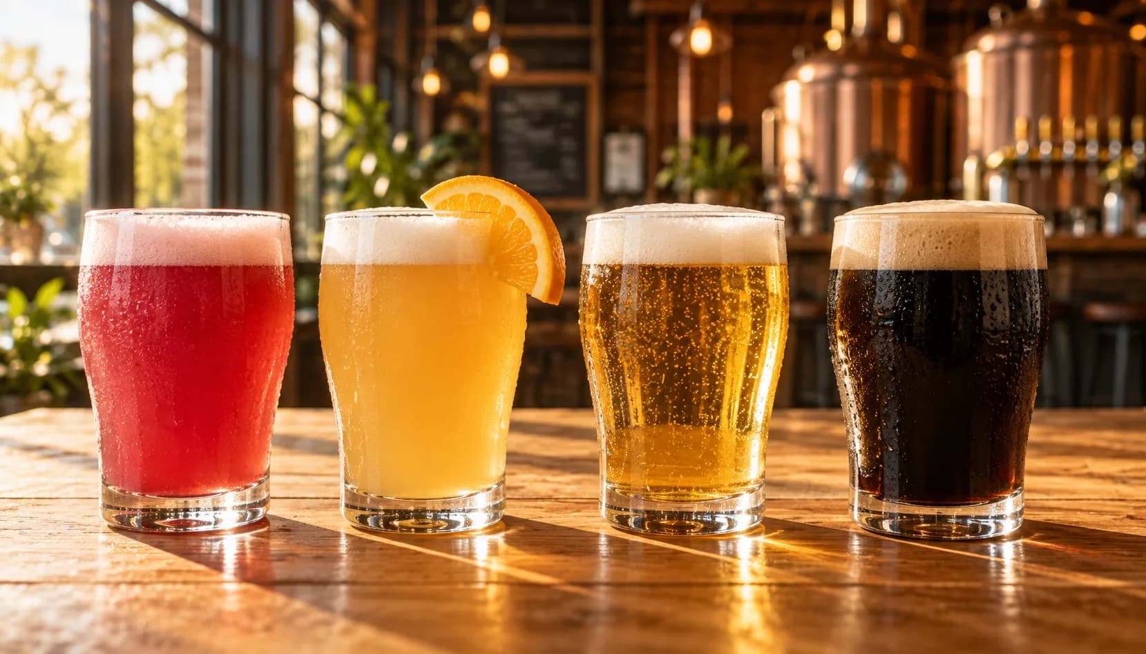 Four beers lined up light to dark on a sunlit wooden table: a red fruited sour, a cloudy pale wheat beer with an orange slice, a clear golden lager, and a dark stout with a thick tan head.