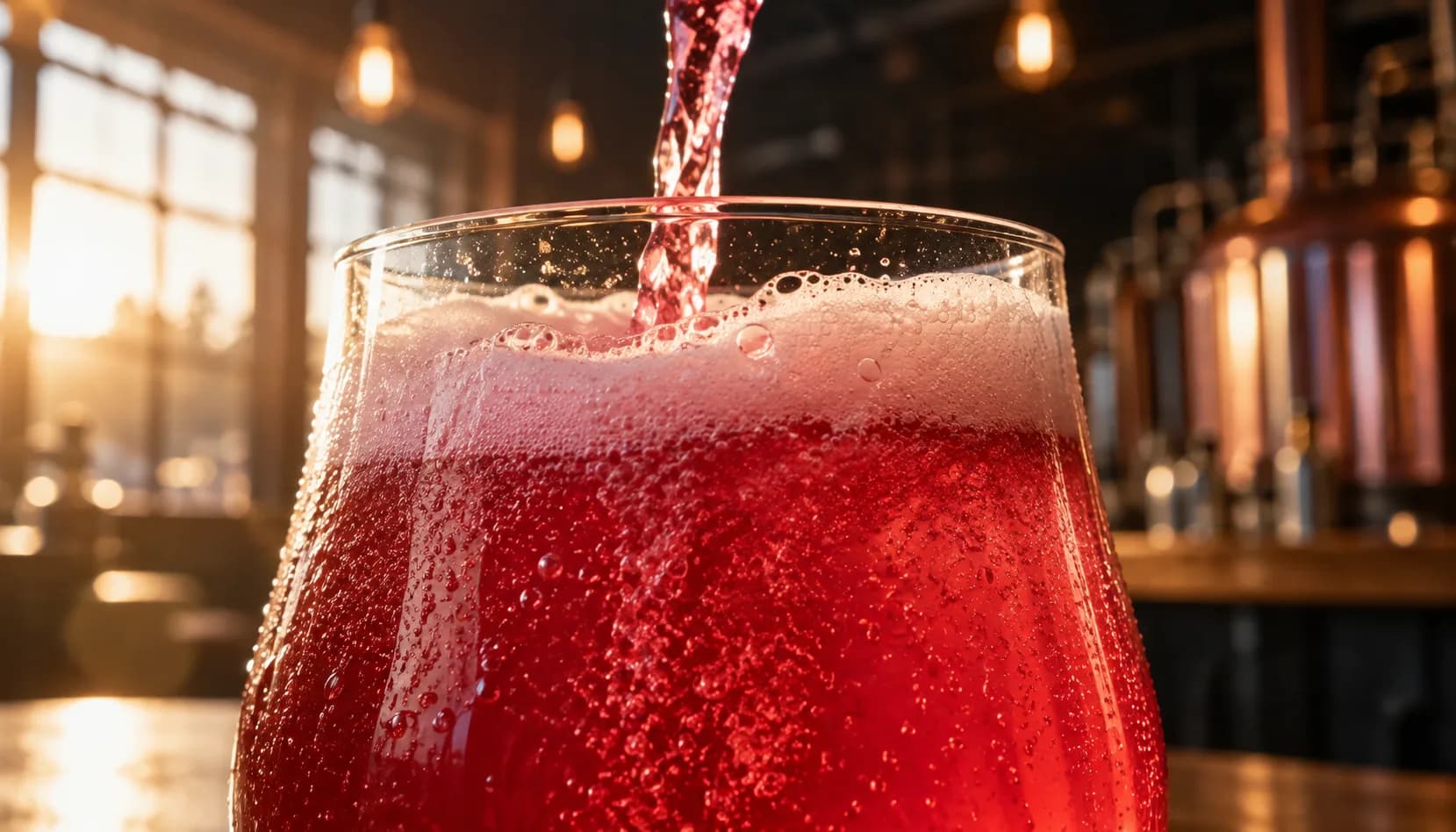 A vivid red fruited sour being poured into a tulip glass in close-up, backlit so the bubbles and the pale pink foam catch the light.