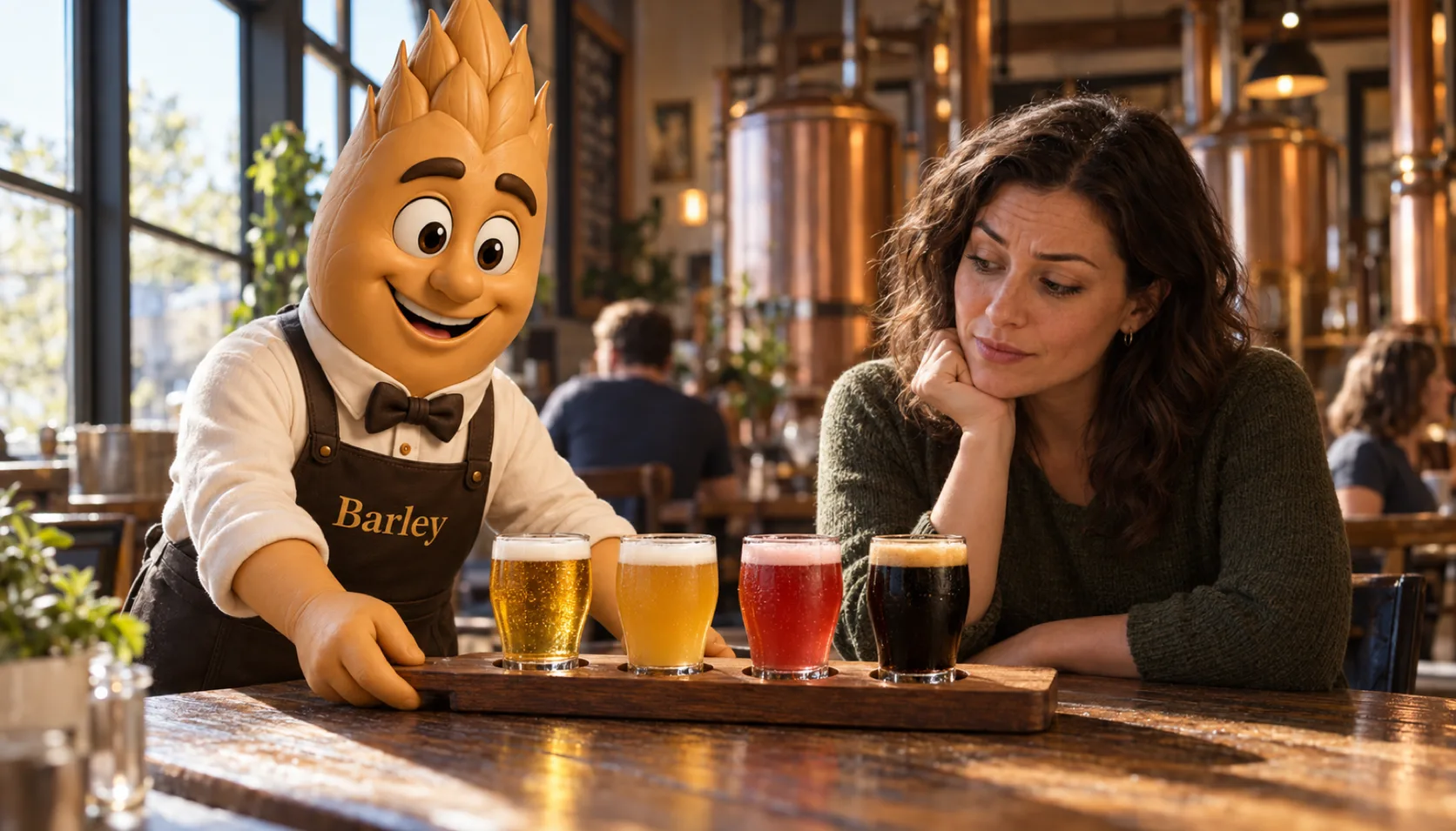 Barley sets a wooden flight paddle of four small pours in front of a seated guest who eyes it with a curious, slightly skeptical expression.