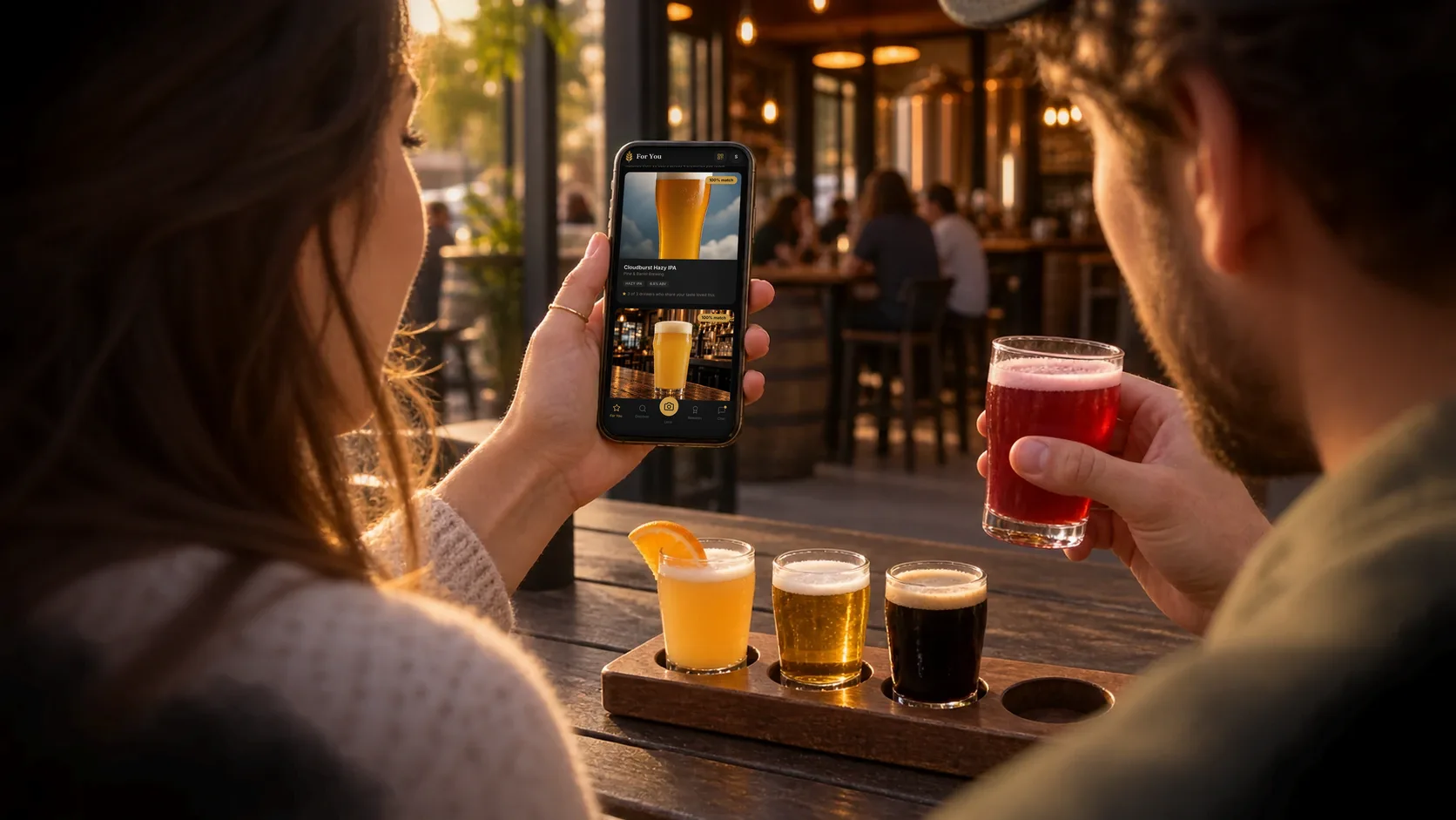 Two friends on a patio look at the Barley app's For You picks on one phone, one of them holding a taster of red fruited sour.