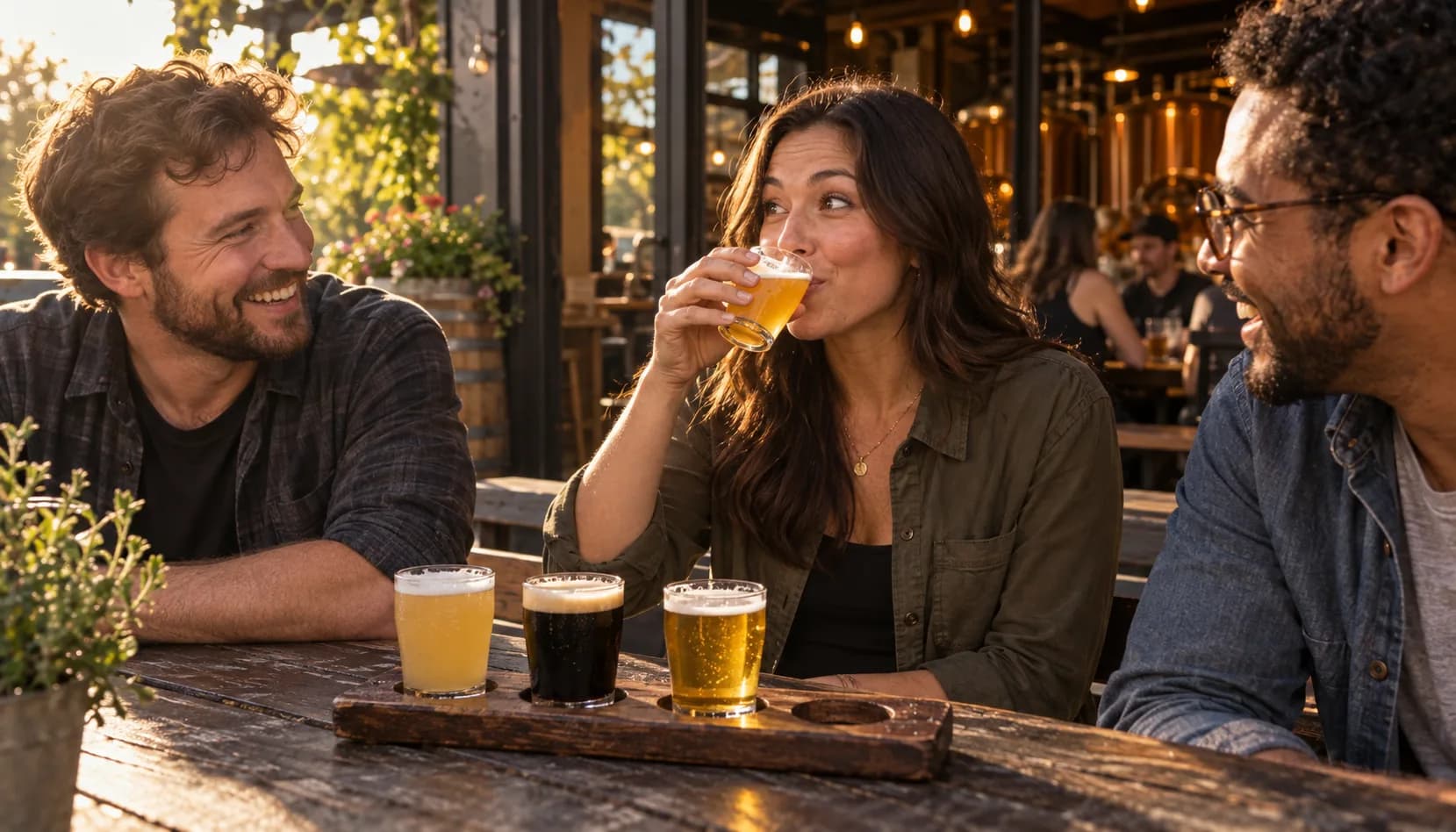 Three friends at a sunlit patio table with a flight paddle in front of them, the woman in the middle tasting a small pour and looking pleasantly surprised while the other two laugh.