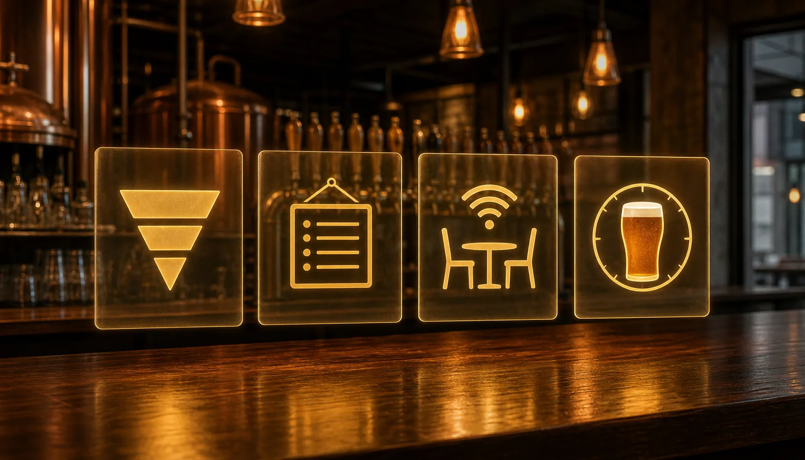 Four glowing icon panels standing on a taproom bar, representing the four categories of brewery CRM: a sales funnel, a hanging digital menu board, a restaurant table with a wifi signal, and a pint glass inside a dial.
