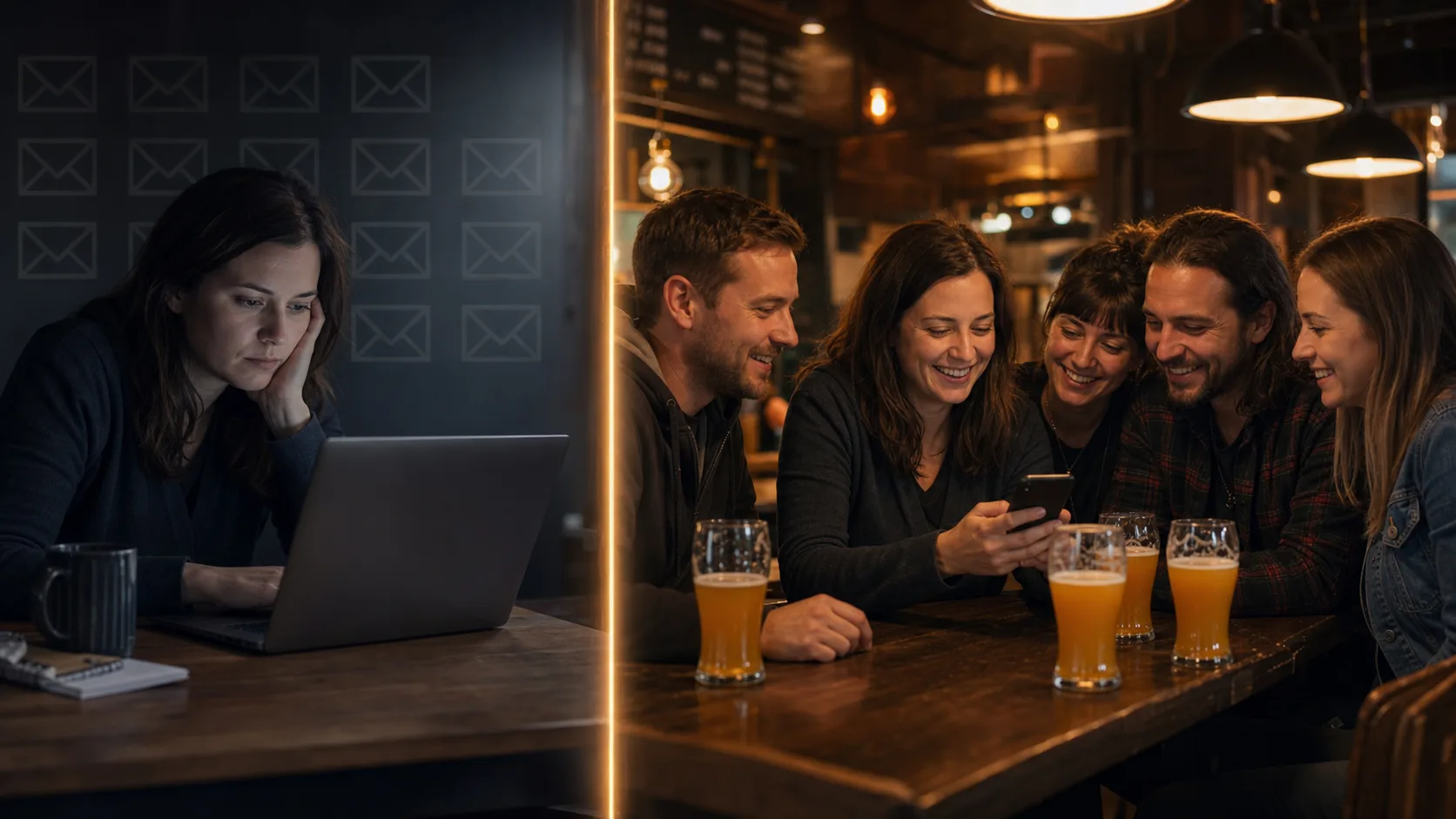 Split scene inside a brewery: on the left a woman sits alone in cold grey light staring at a laptop against a wall of identical envelope icons; on the right the same woman shows her phone to four friends leaning in around a warm-lit table of hazy IPAs.