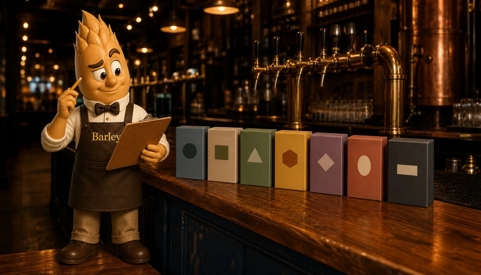 Barley checks a wooden clipboard with a pencil while inspecting a row of unbranded, differently colored software boxes lined up along a taproom bar.