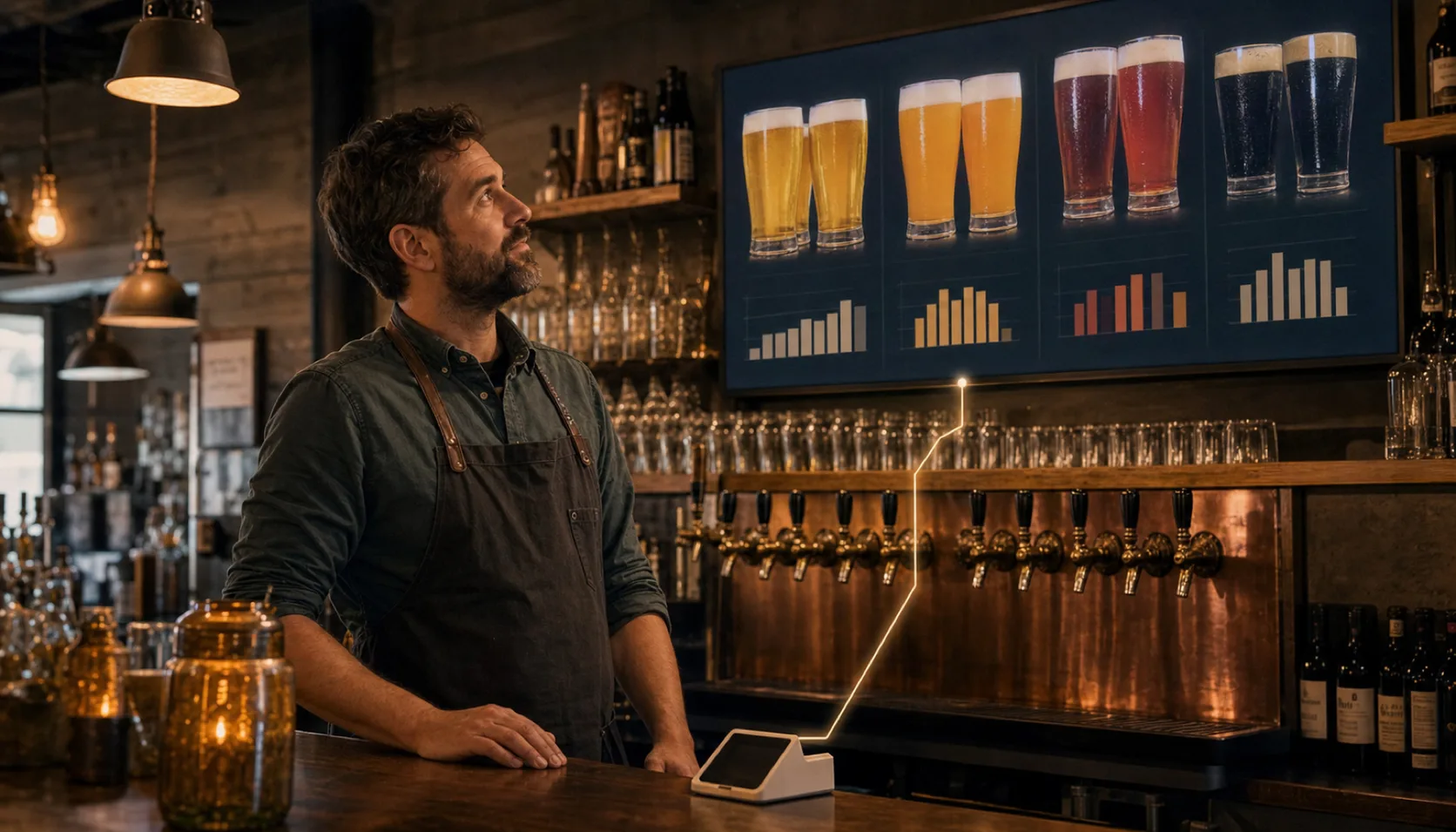 A bearded brewery owner in a work apron looks up at a wall-mounted screen showing four beer-color groups of pint glasses with a bar chart beneath each, a thin line of light connecting the screen down to the card terminal on the bar.
