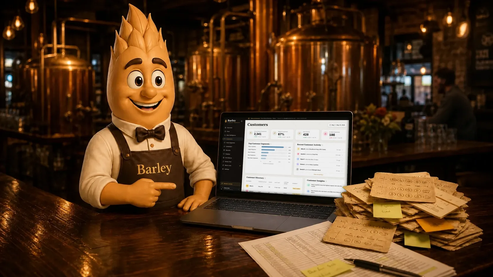 Barley points at a laptop on the bar showing the Brewlytics Customers page, beside a pile of paper punch cards: active customers, repeat rate, new guests, at-risk customers and the top customer segments.