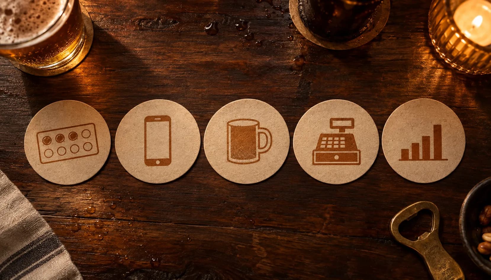 Five round cardboard coasters in a row on a dark walnut table, each printed with a simple amber icon: a stamped punch card, a smartphone, a ceramic mug, a cash register and a small bar chart.