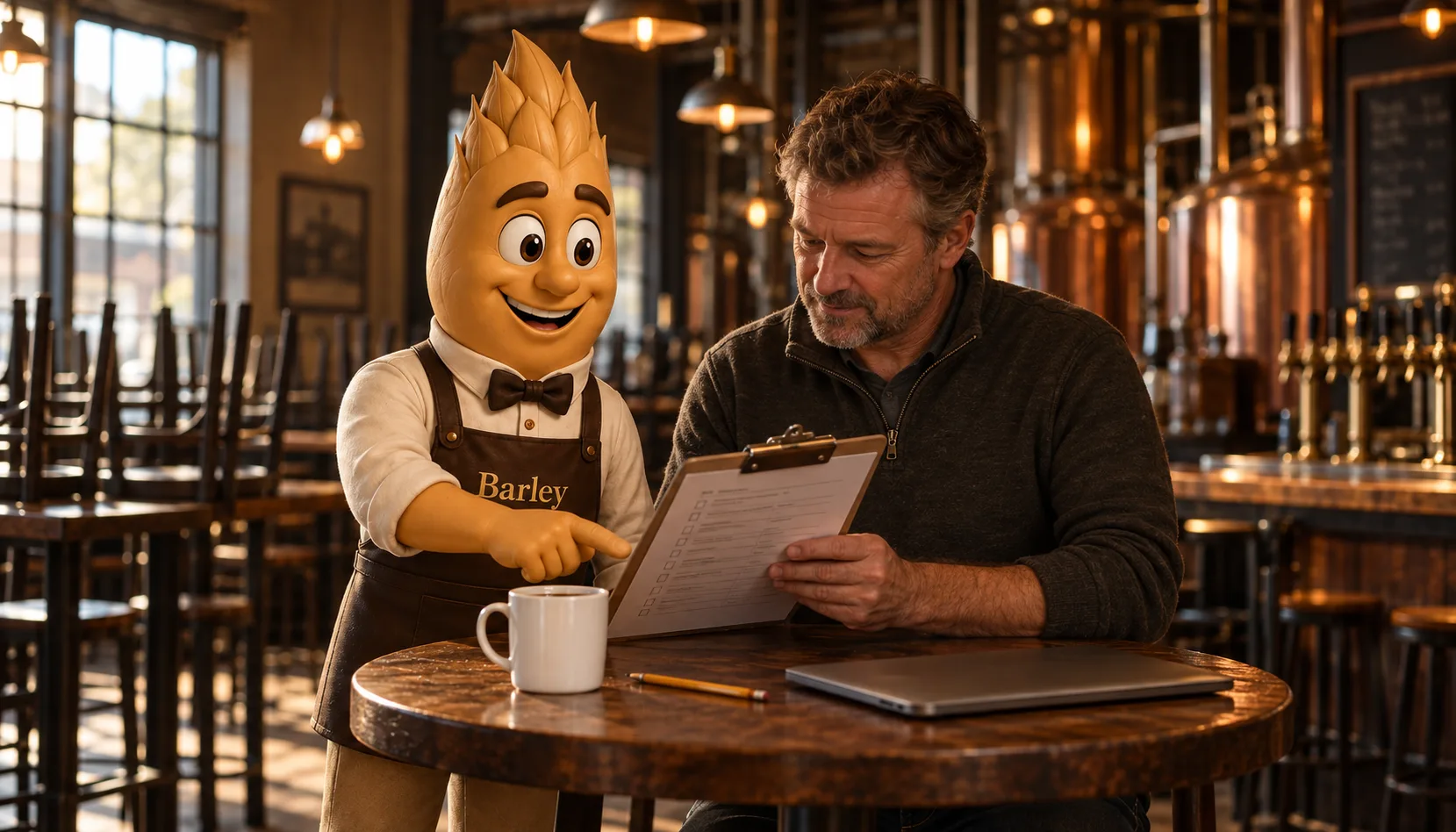 Barley points at a line on a clipboard held by a brewery owner in a quarter-zip at a round table in an empty taproom, morning light coming through the windows and a coffee mug beside them.
