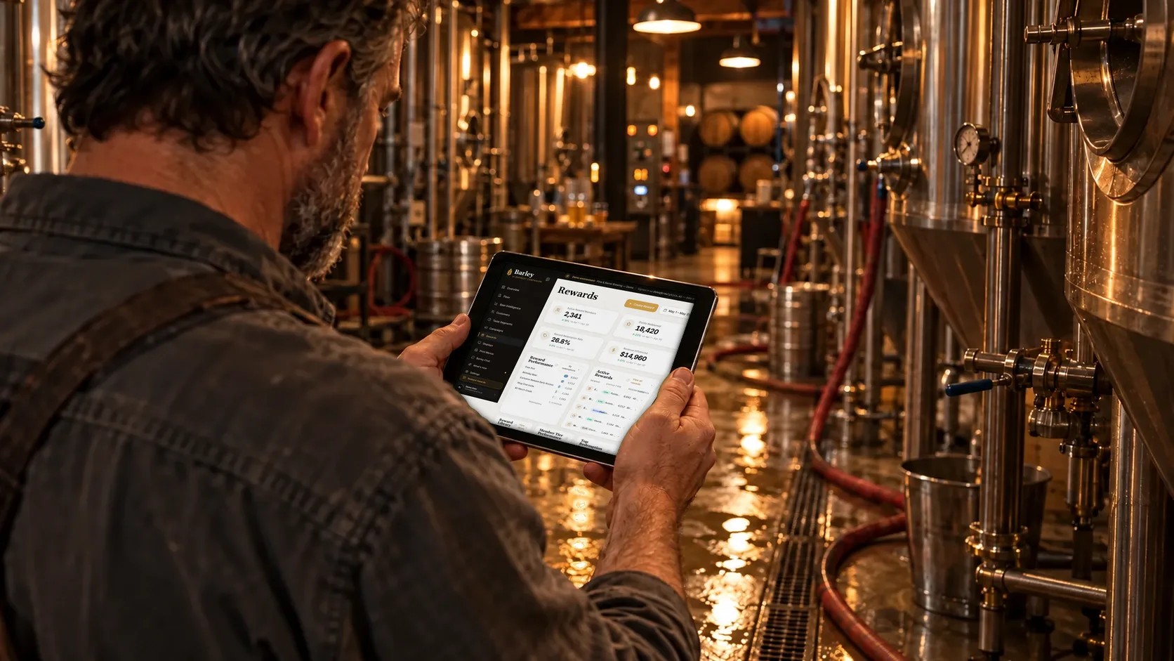A brewer in the cellar holds a tablet showing the Brewlytics Rewards page: active reward members, points redeemed, redemption rate and revenue influenced.