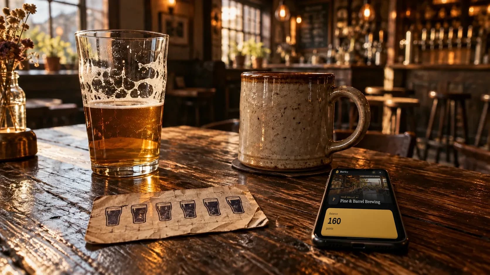 A paper punch card with six pint stamps lies next to a phone showing a Barley wallet at Pine & Barrel Brewing with 160 points, beside a pint and a ceramic mug.