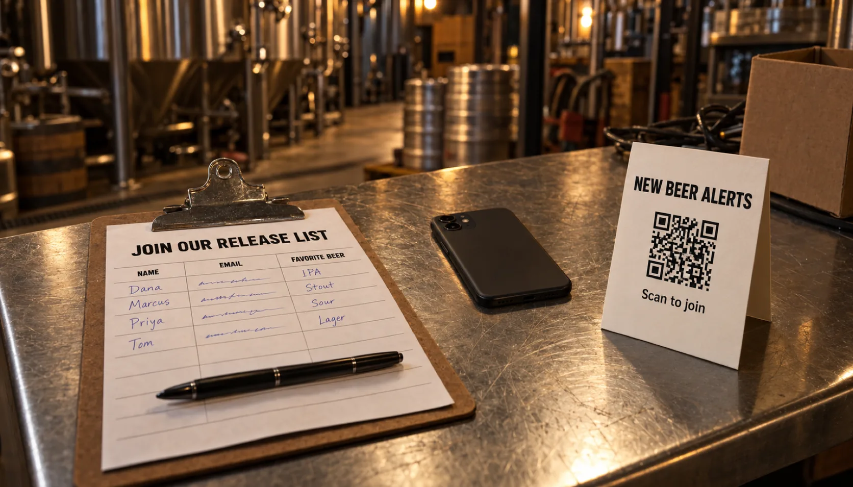 A steel brewery workbench holds a clipboard sheet headed "Join our release list" with four guests' names and favorite beers written in, a face-down phone, and a table tent reading "New beer alerts" above a QR code and "Scan to join", with unused cables and an empty box pushed to the back.