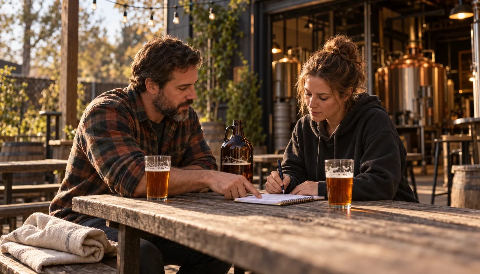 Two brewery co-owners sit across a weathered patio picnic table on a quiet afternoon, one writing in a spiral notebook while the other points at the page, a growler and two amber pints between them.