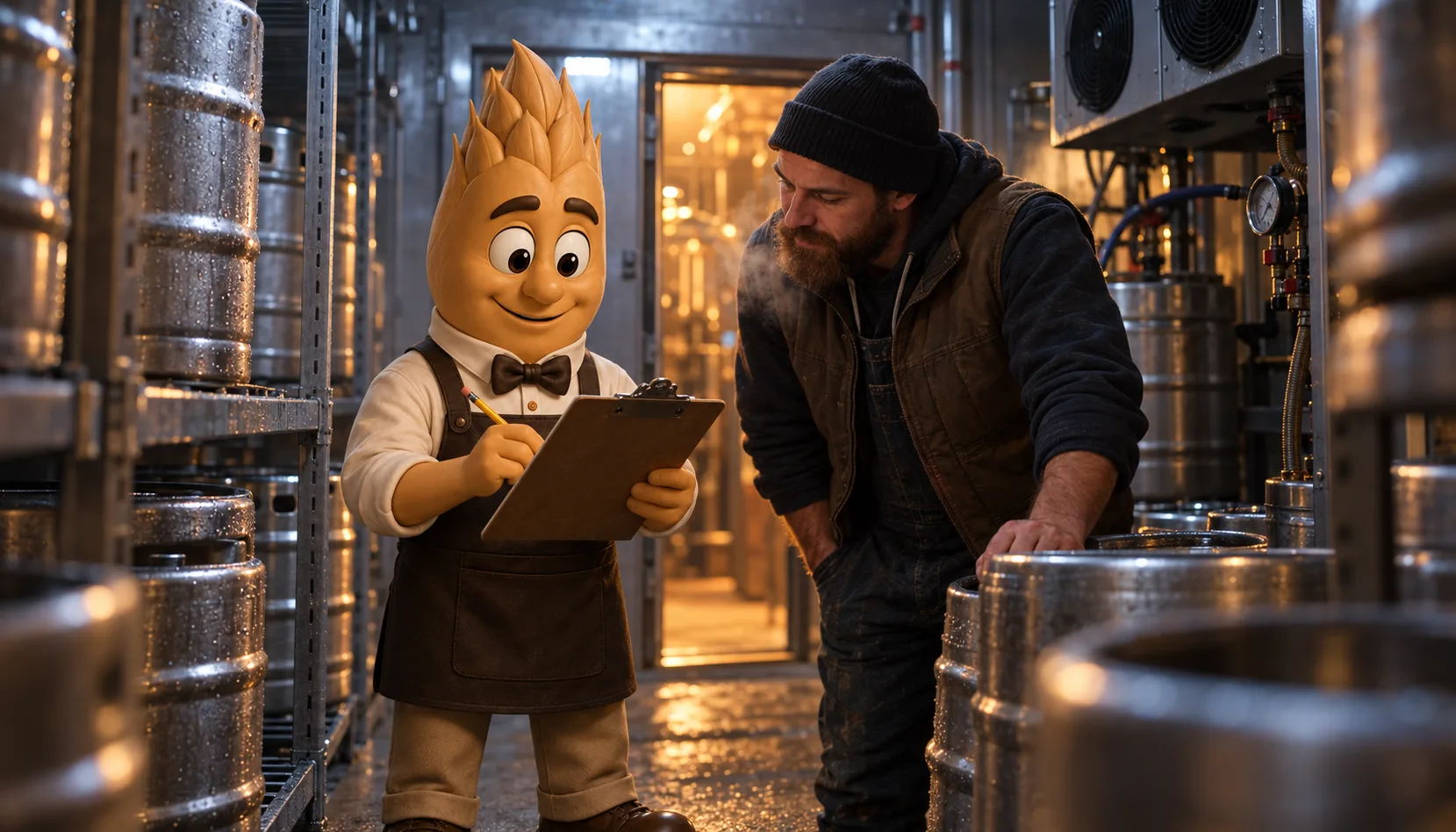 Barley ticks off a short list on a clipboard inside a brewery walk-in cooler lined with kegs, while a bearded brewer in a beanie leans on a keg and reads over his shoulder.