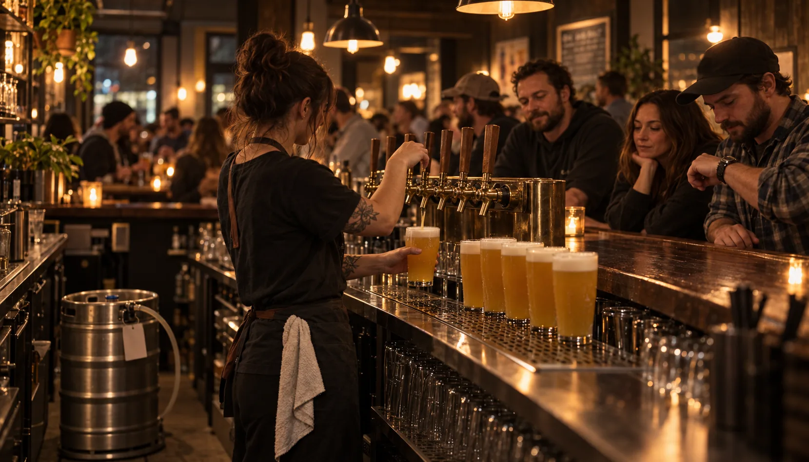 A bartender pours a row of hazy golden IPAs from a brass tap on a busy release night while a small cluster of regulars leans on the bar waiting.