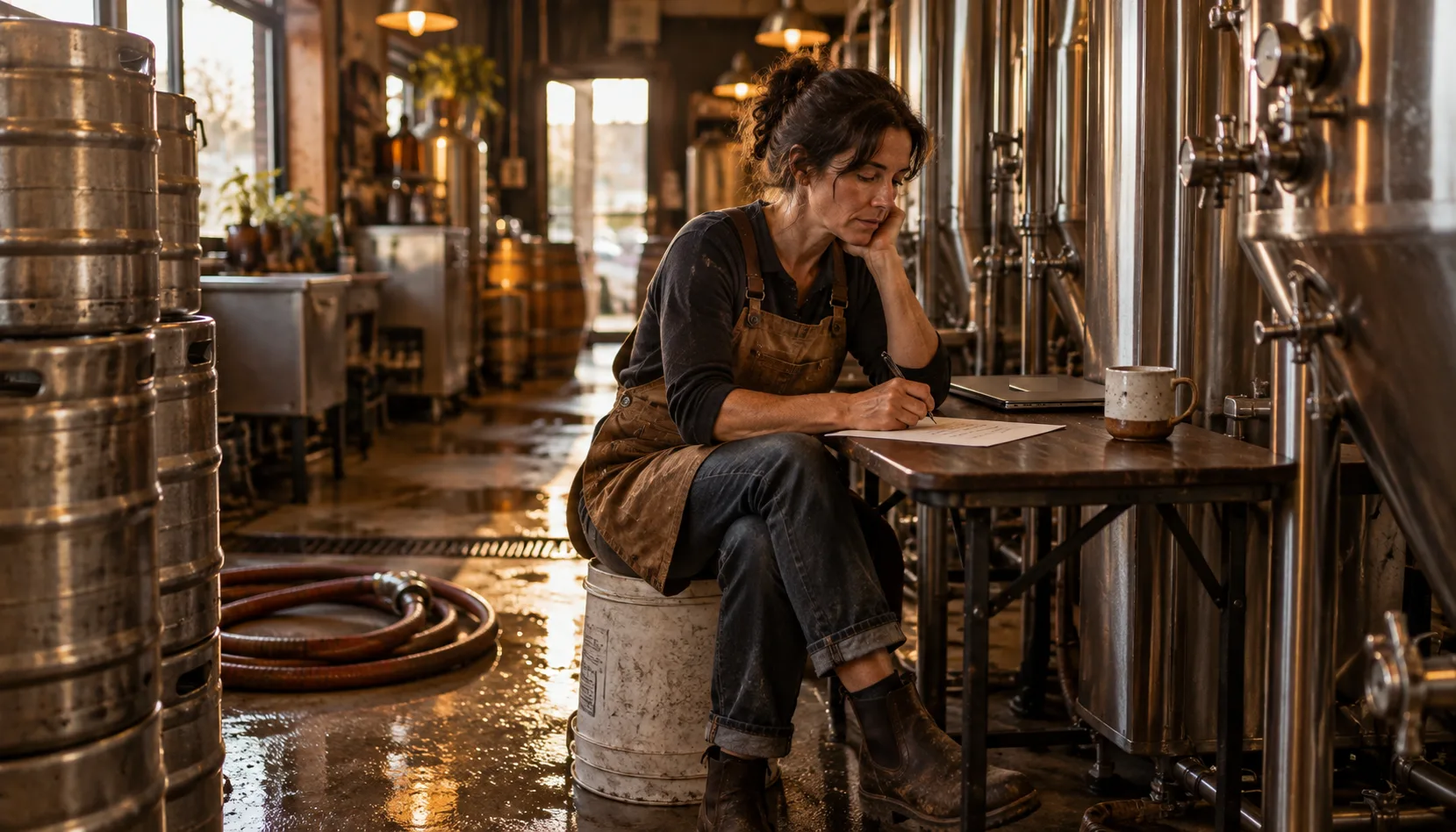 A brewery owner in a canvas apron sits on an upturned bucket at a small table wedged between steel fermenters and stacked kegs, writing a short list beside a closed laptop and a coffee mug.