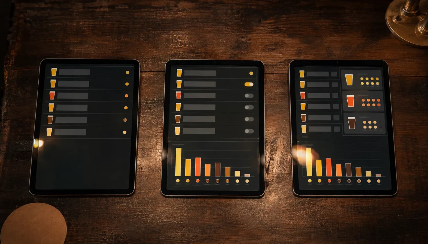 Three tablets side by side on dark wood, each showing a progressively more complex abstract menu layout — a plain ruled list, a list with a bar chart, and a list with charts and stacked cards.