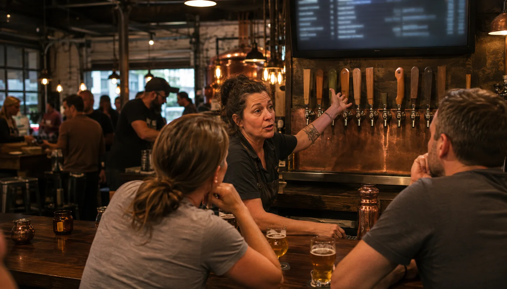 A bartender leans across a busy taproom bar mid-sentence, gesturing back toward the tap wall while two seated guests listen.
