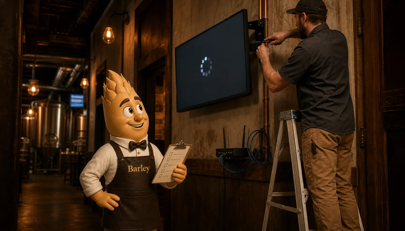Barley stands in a taproom hallway holding a clipboard, watching a staff member on a step ladder adjust a wall-mounted display showing a loading spinner.
