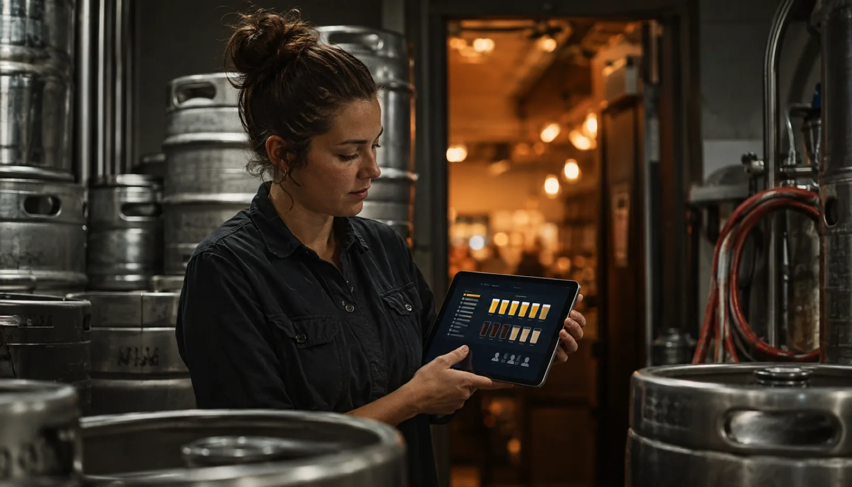 A brewery operations manager stands among stacked steel kegs in the cellar, holding a tablet showing an abstract dashboard of pint-glass icons and bar segments.