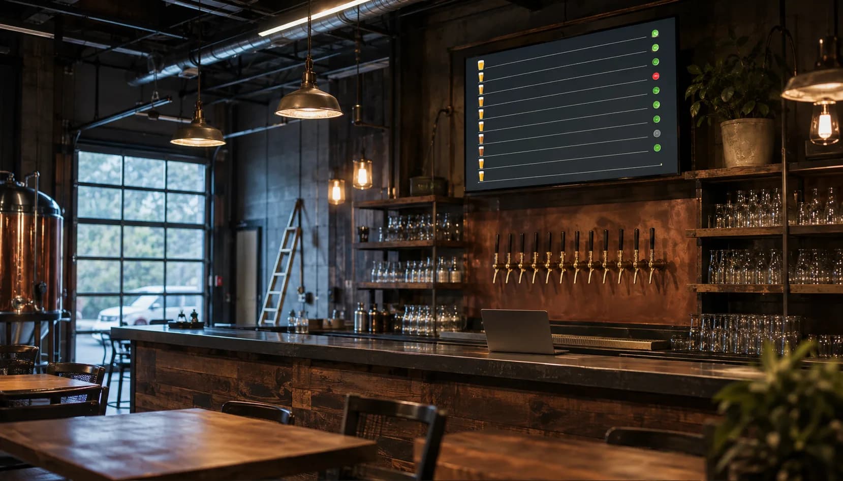 An empty taproom during morning prep, house lights up, with a wall-mounted TV menu board glowing above the back bar and a step ladder and closed laptop left below it.