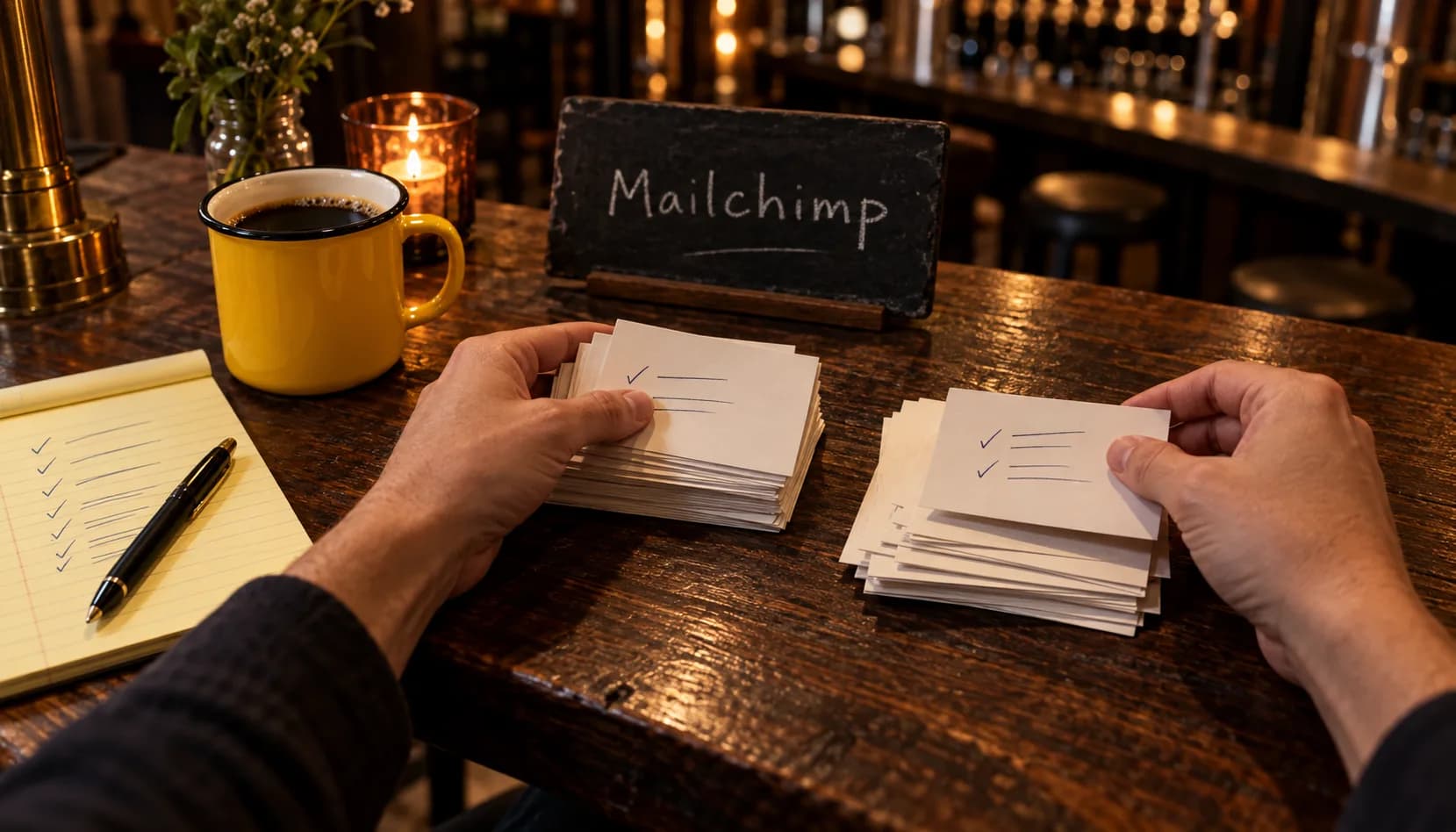 Hands sort a stack of handwritten guest cards into two piles on a dark taproom table, beside a bright yellow enamel mug and a yellow legal pad, with a chalk slate reading Mailchimp.