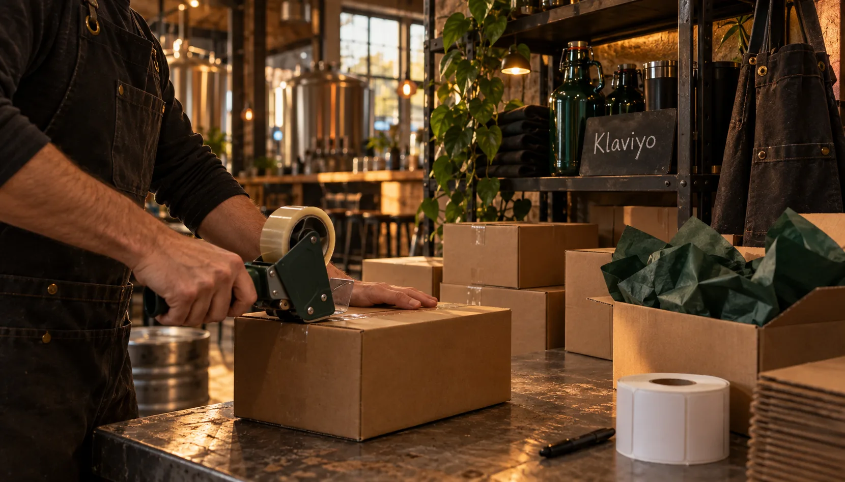 A brewery worker tapes shut a mail-order shipping box on a steel packing bench, surrounded by dark green tissue paper and a green growler, with a chalk slate reading Klaviyo.