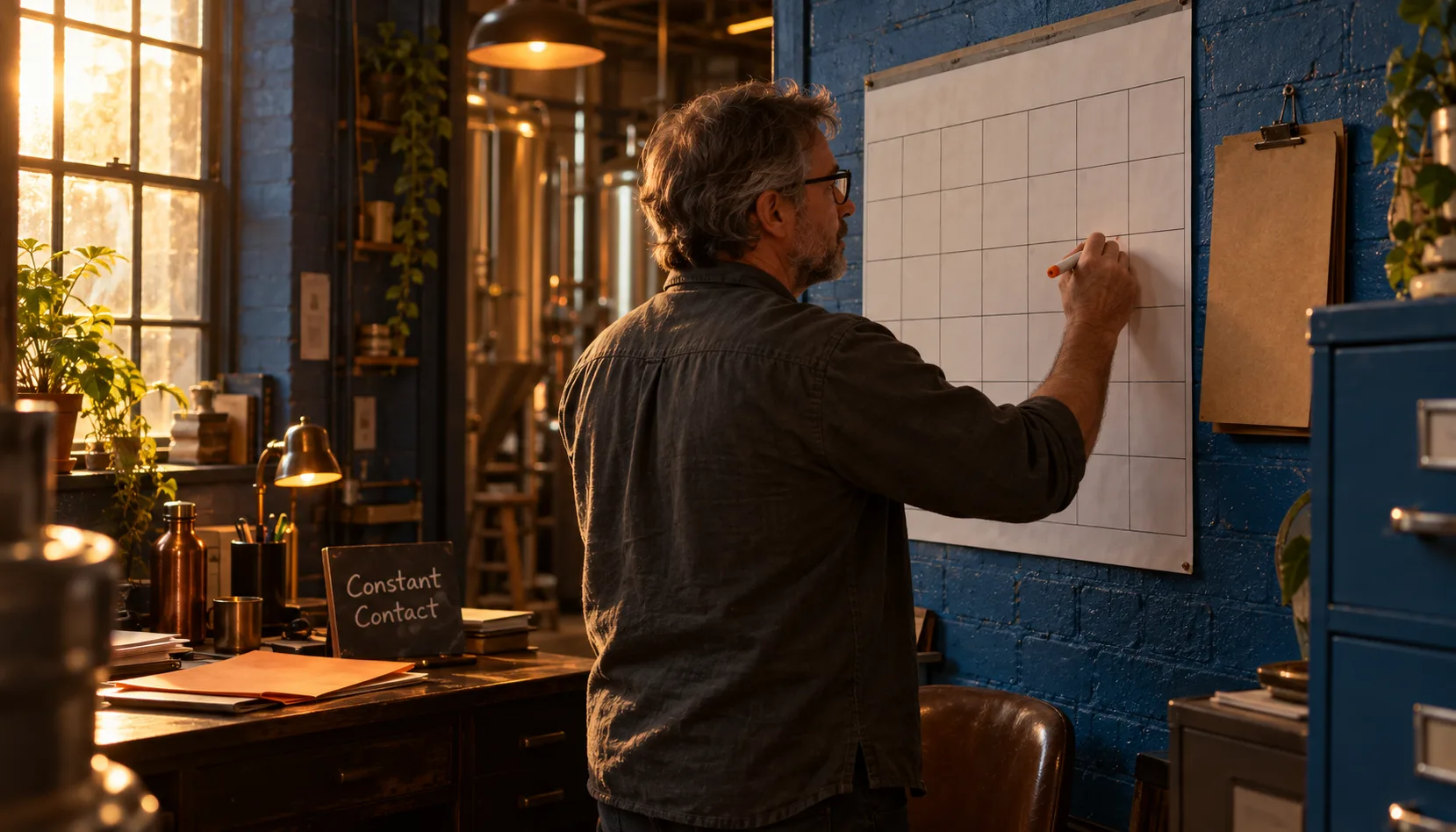 A brewery owner marks a date on a large paper wall calendar in a blue-walled back office, an orange folder on the desk below beside a chalk slate reading Constant Contact.